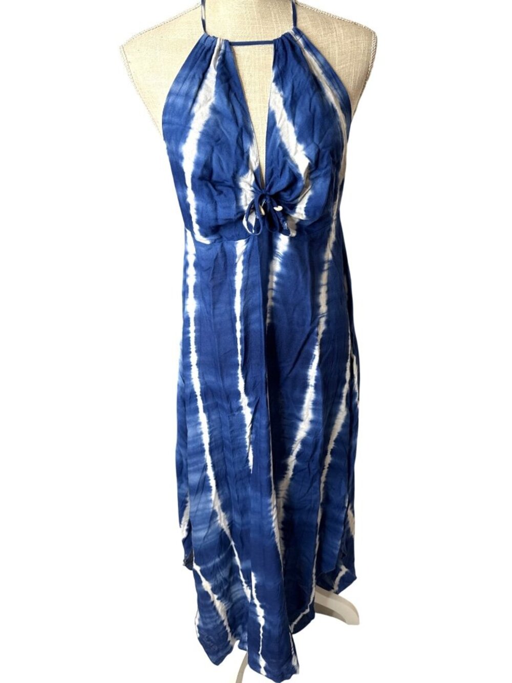 Blue & White Tie-Dye Halter Dress With Open Back & Knot Detail L